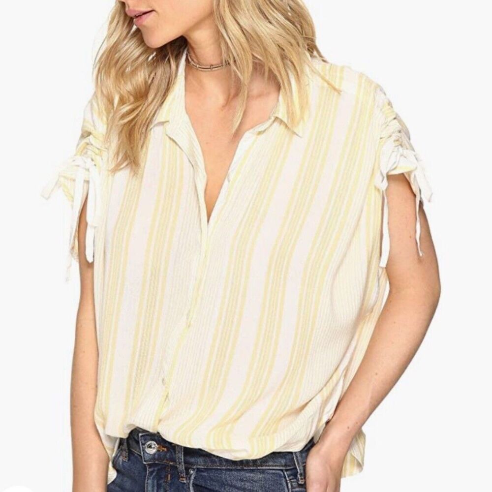 Free People Baby Blues Shirt Top Yellow White Striped Ruched Cap Sleeve Sz Small